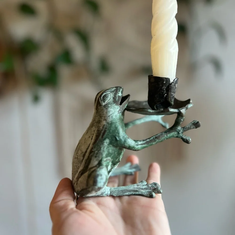 Vintage Cast Metal Frog Candle Holder – Verdigris Whimsical Cottagecore Decor